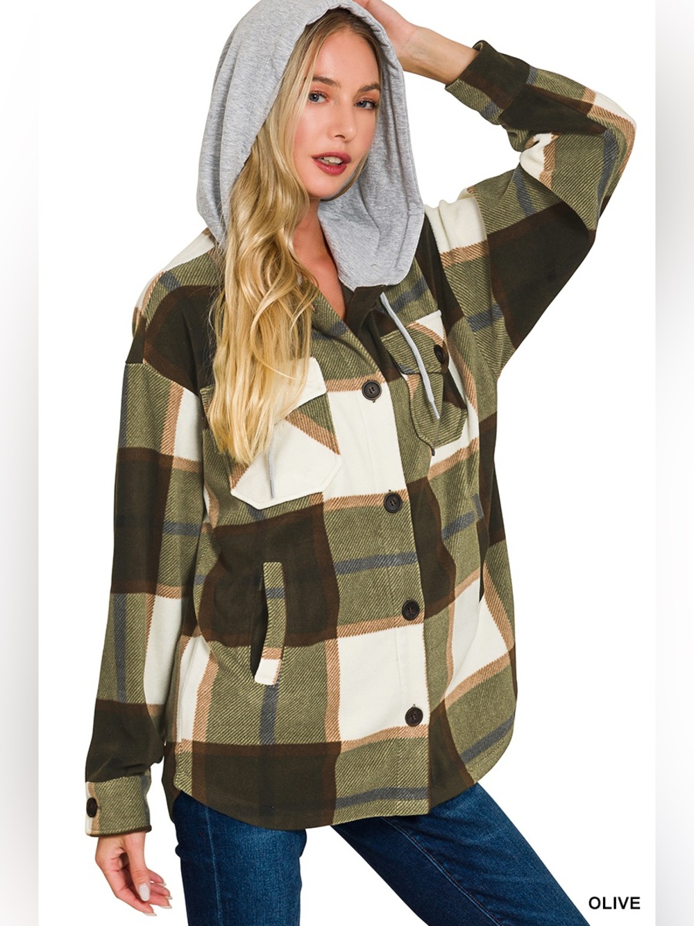 Zenana PLAID DRAWSTRING HOODED FLEECE SHACKET - Picture 3 of 3